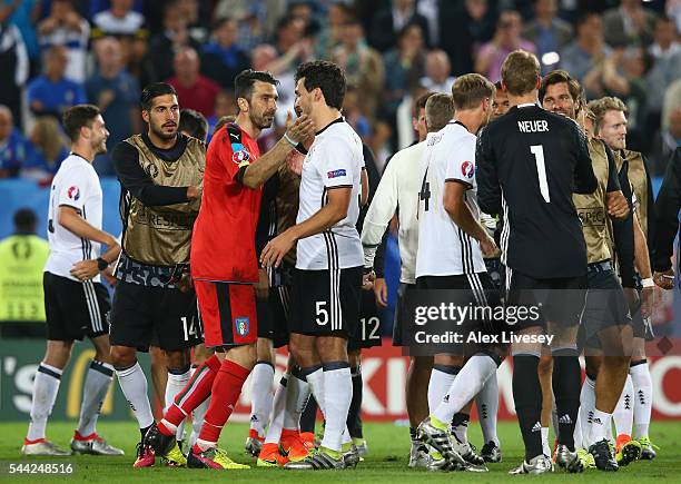 Gianluigi Buffon of Italy and Mats Hummels of Germany applaud each other after the UEFA EURO 2016 quarter final match between Germany and Italy at...