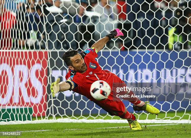 Gianluigi Buffon of Italy dives in vain as Joshua Kimmich of Germany scores at the penalty shootout during the UEFA EURO 2016 quarter final match...
