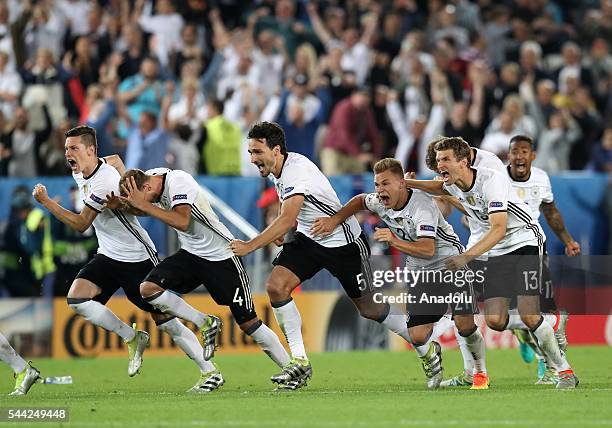 Players of Germany celebrate the victory following the UEFA Euro 2016 quarter final match between Germany and Italy at Stade de Bordeaux in Bordeaux,...