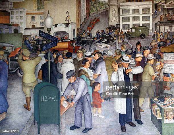 Fresco based on theme of "Aspects of California Life," showing the corner of Montgomery and Washington Streets in San Francisco, showing pedestrians,...