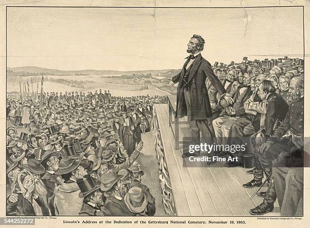 Lincoln's Address at the Dedication of the Gettysburg National Cemetery, November 19 lithograph published in Chicago by the Sherwood Lithograph Co....