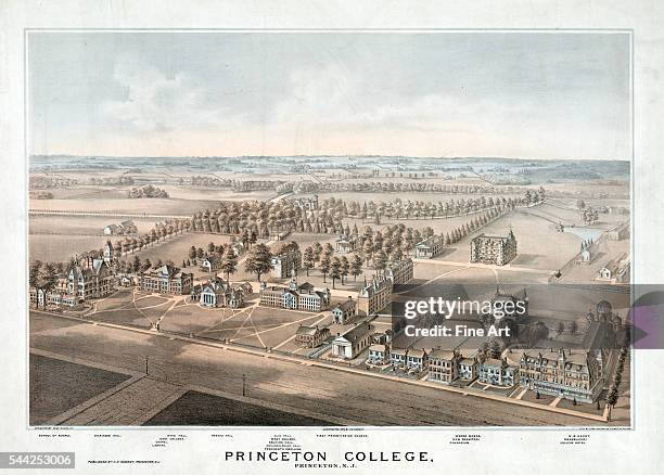 Birds-eye View of Princeton College, Princeton, N.J., color lithograph by W.M. Radcliff and Thomas Hunter, published by C.O. Hudnut, Princeton, N.J.,...