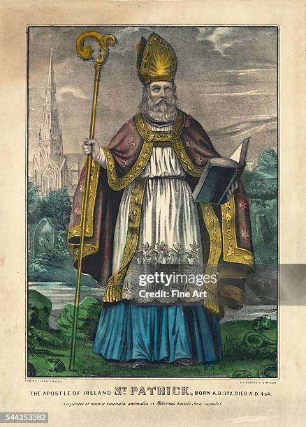 The Apostle of Ireland St. Patrick, born A.D. 372, died A.D. 464, hand-colored lithograph by Currier & Ives, New York, 1857-72, 38.1 x 28 cm.