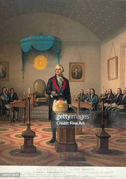 "Washington as a Master Mason," 1870, chromolithograph by J.F. Queen, published by Duval & Hunter, with Washington in Masonic regalia presiding over...