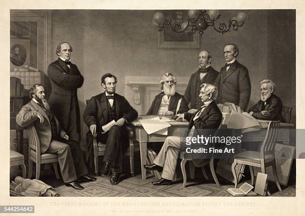 The First Reading of the Emancipation Proclamation Before the Cabinet, mezzotint by Alexander Hay Ritchie after a painting by Francis Bicknell...