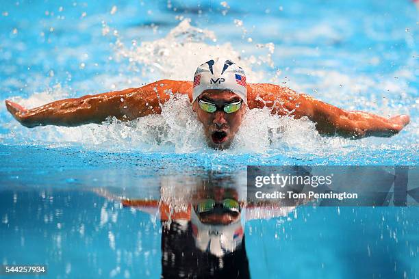 Michael Phelps of the United States competes in the final heat for the Men's 100 Meter Butterfly during Day Seven of the 2016 U.S. Olympic Team...