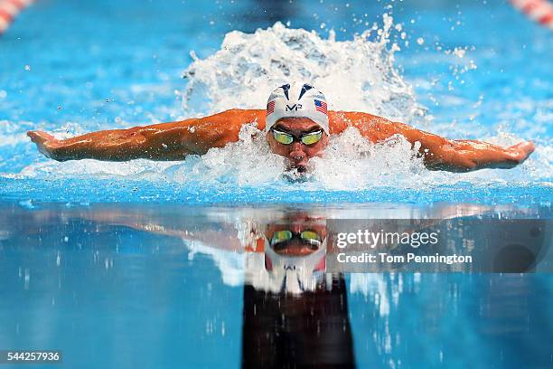 Michael Phelps of the United States competes in the final heat for the Men's 100 Meter Butterfly during Day Seven of the 2016 U.S. Olympic Team...