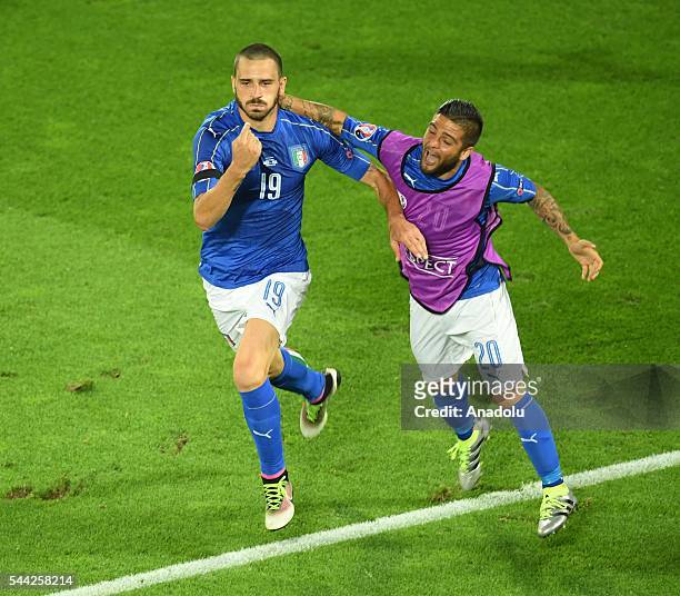 Leonardo Bonucci of Italy celebrates after scoring a goal during the UEFA Euro 2016 quarter final match between Germany and Italy at Stade de...