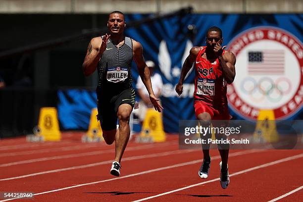 Ryan Bailey and Calesio Newman run in the first round of the Men's 100 Meter Dash during the 2016 U.S. Olympic Track & Field Team Trials at Hayward...