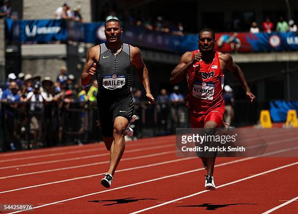 Ryan Bailey and Calesio Newman run in the first round of the Men's 100 Meter Dash during the 2016 U.S. Olympic Track & Field Team Trials at Hayward...