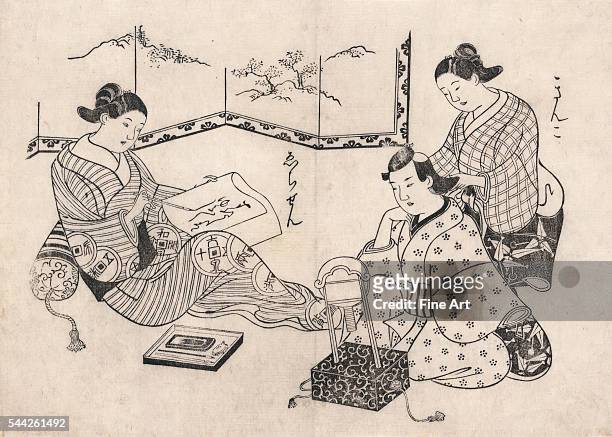 Omori, Yoshikiyo. Date Created/Published: between 1700 and 1704. Woodcut ; 24.9 x 34.7 cm. Kinko and Echizen. Two women, one seated writing a letter,...