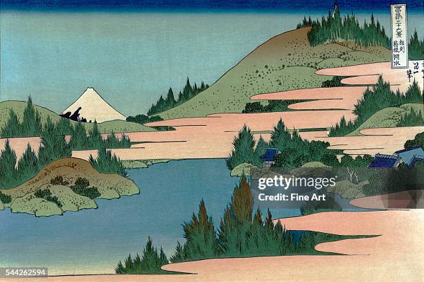 Katsushika, Hokusai, 1760-1849. Date Created/Published: between 1890 and 1940. Color woodcut. Print shows a serene mountain lake with a view of Mount...