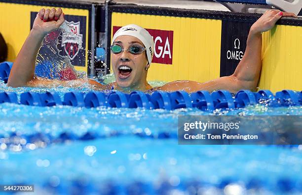 Maya DiRado of the United States celebrates after finishing first in the final heat for the Women's 200 Meter Backstroke during Day Seven of the 2016...