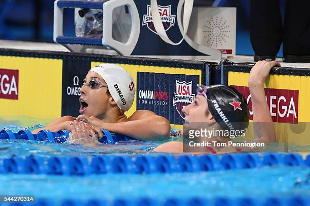 Maya DiRado and Missy Franklin of the United States celebrate after competing in the final heat for the Women's 200 Meter Backstroke during Day Seven...