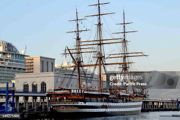 The Amerigo Vespucci , known as the "most beautiful ship in the world", moored in the port of Naples. The training ship of the Italian Navy...