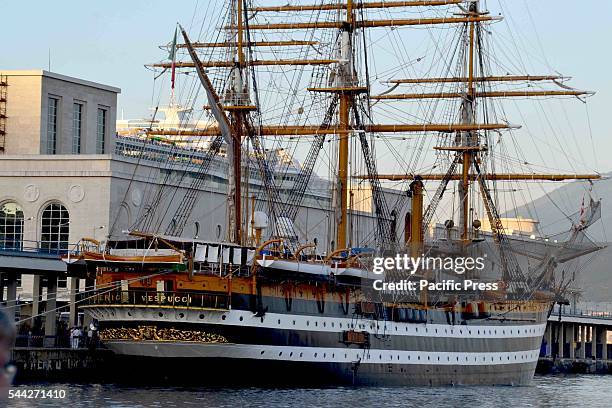 The Amerigo Vespucci , known as the "most beautiful ship in the world", moored in the port of Naples. The training ship of the Italian Navy...