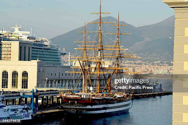 The Amerigo Vespucci , known as the "most beautiful ship in the world", moored in the port of Naples. The training ship of the Italian Navy...