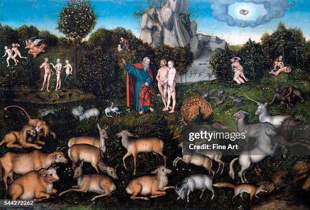 Lucas Cranach the Elder , The Garden of Eden oil on panel, 80 x 118 cm , Gemäldegalerie, Dresden, Germany