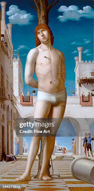 Antonello da Messina , St. Sebastian, c. 1478, oil on canvas, 171 cm × 85 cm , Gemäldegalerie Alte Meister, Dresden.