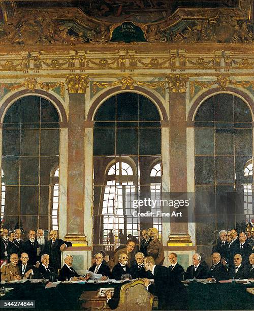 Sir William Orpen , The Signing of Peace in the Hall of Mirrors, Versailles, 28th June 1919 oil on canvas, 152.4 x 127 cm , Imperial War Museum,...