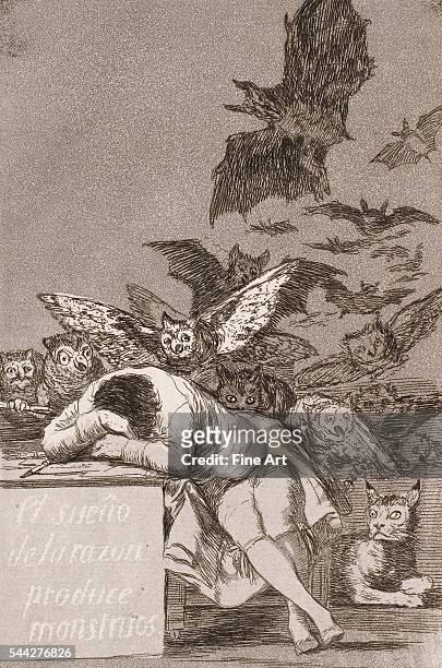 Francisco Goya , The sleep of reason produces monsters , from Los Caprichos etching with aquatint, 18.9 x 14.9 cm , private collection.