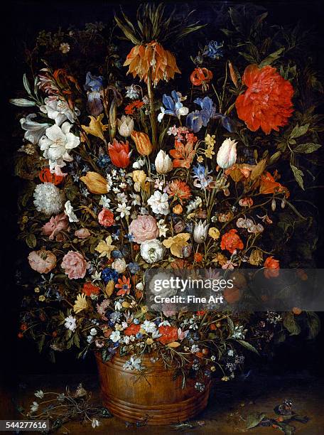 Jan Brueghel the Elder , Flowers in a Wooden Vessel, 1606-7, oil on panel, 98 x 73 cm , Kunsthistorisches Museum, Vienna.