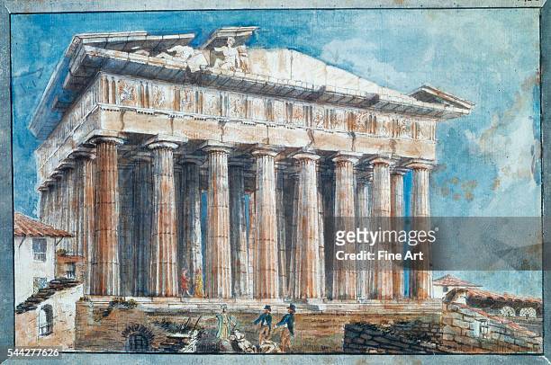 Sir William Gell , The Removal of the Sculptures from the Pediments of the Parthenon by Lord Elgin watercolor and pencil on paper, 20 x 31 cm ,...