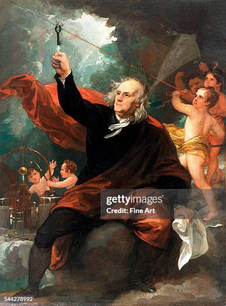 Benjamin West , Benjamin Franklin Drawing Electricity from the Sky, c. 1816, oil on slate, 340.1 x 256.3 mm , Philadelphia Museum of Art,...