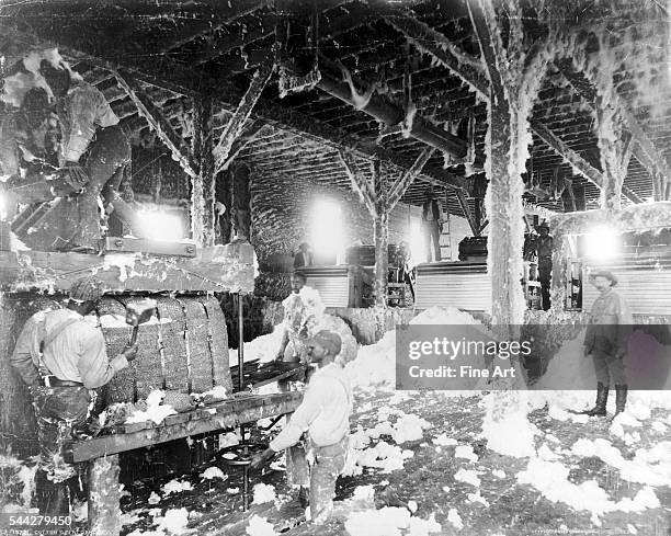 White supervisor overseeing black workers at a cotton gin, Dahomey, Mississippi, silver print from 8x10 B&W glass negative, published by the Detroit...