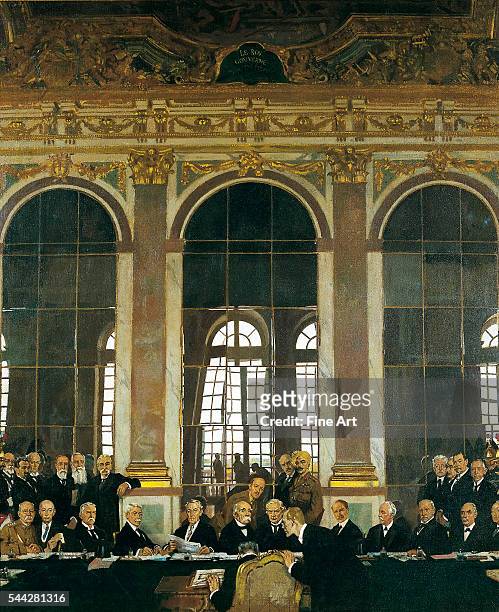 William Orpen , The Signing of the Peace Treaty in the Hall of Mirrors, Versailles, 28th June 1919 oil on canvas, 152.4 x 127 cm , Imperial War...