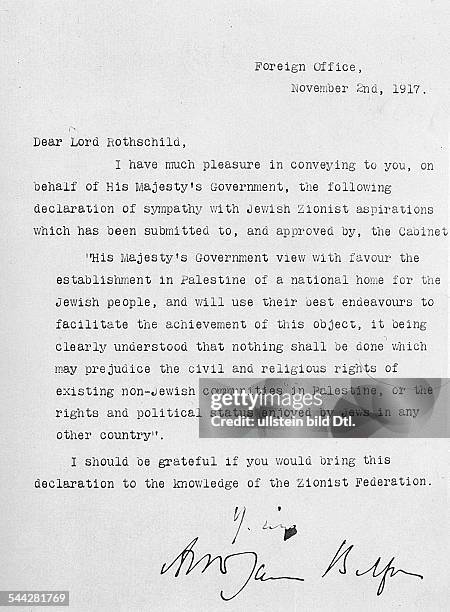 The letter written by British Foreign Secretary Arthur James Balfour to Lord Rothschild on November 2 setting forth British support for the...