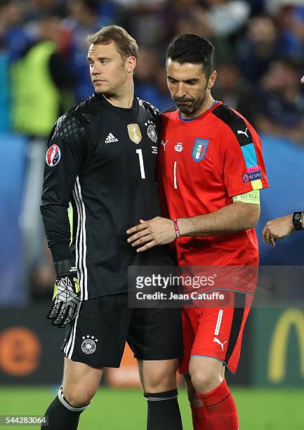 Goalkeeper of Germany Manuel Neuer greets goalkeeper of Italy Gianluigi Buffon before the penalty shootout during the UEFA Euro 2016 quarter final...