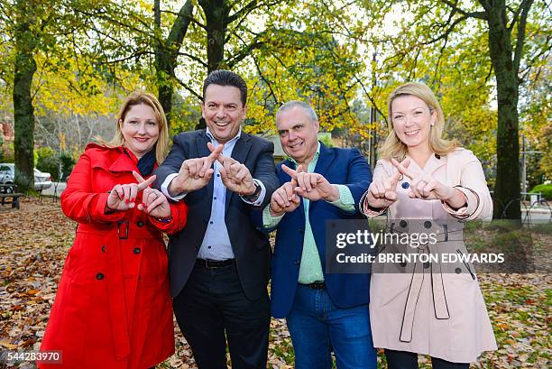 Nick Xenophon , leader of the Nick Xenophon Team political party, and his team candidates Rebekha Sharkie , Skye Kakoschke-Moore and Stirling Griff...