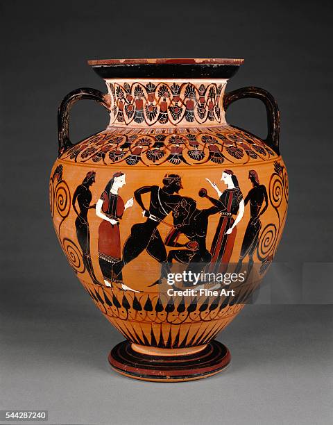 Attic Black-Figure Neck Amphora with Theseus and the Minotaur, attributed to the Group E , c. 550 B.C., terracotta, made in Athens, 18.7 x 14.5 cm,...