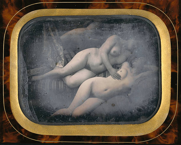 Unknown French daguerreotypist, Nude study of Two Women Embracing, c. 1848, hand-colored daguerreotype, 1/2 plate, in a passe-partout tortoise-shell...