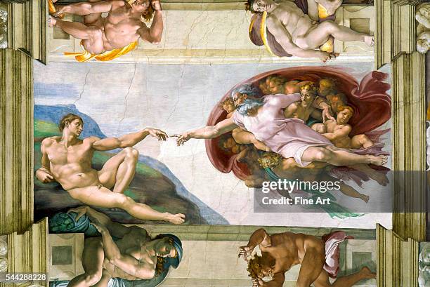 Michelangelo , The Creation of Adam, c. 1508-12, fresco, 480.1 × 230.1 cm , Sistine Chapel, Vatican, Rome.