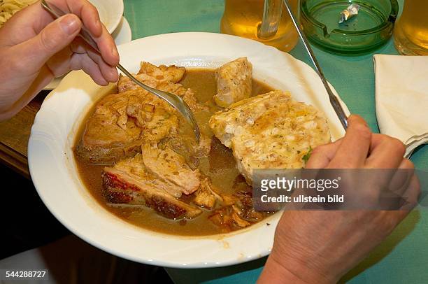 Fleisch, Schweinefleisch, Schweinebraten mit Soße auf einem Teller