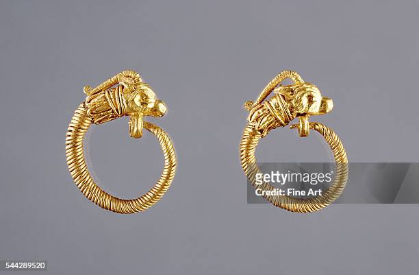 Ancient Greek Hoop Earrings with Antelope Head Finials, gold, made in Alexandria, Egypt, c. 220-100 BC, 2.2 cm diameter , J. Paul Getty Museum,...