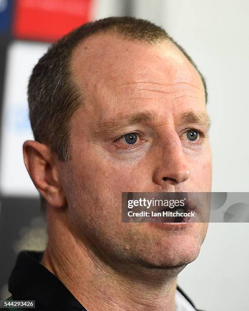 Rabbitohs coach Michael Maguire speaks at the post match media conference at the end of during the round 17 NRL match between the South Sydney...