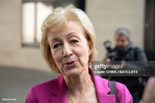 British Conservative party leadership candidate Andrea Leadsom speaks to members of the media as she arrives at the BBC television centre in London...