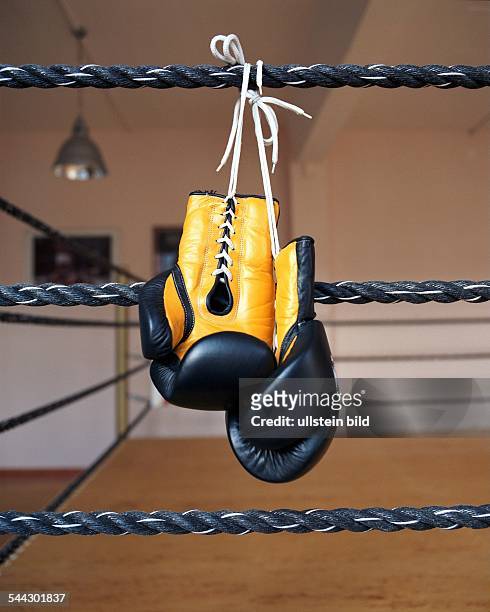 Deuschland, Berlin - Trainingsraum mit Boxring und Boxhandschuhen