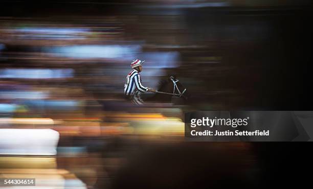 The jockey of the 'Contrada of Istrice' during a trial race of the historical Italian horse race of the Palio Di Siena on June 30, 2016 in Siena,...