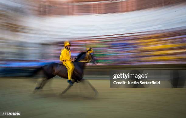 The jockey of the 'Contrada of Aquila' during a trial race of the historical Italian horse race of the Palio Di Siena on June 30, 2016 in Siena,...