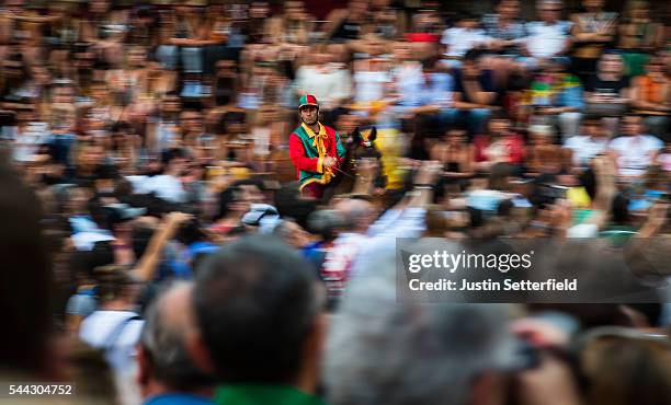 The jockey Gigi Bruschelli aka "Trecciolino" of the 'Contrada of Drago' during a trial race of the historical Italian horse race of the Palio Di...