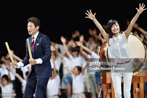 Cheerleaders of the Japanese Olympic team Syuzo Matsuoka and Ruriko Kojima attend the send-off event for the Japanese national team for Rio 2016...