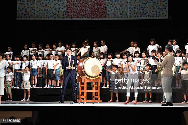 Cheerleaders of the Japanese Olympic team Syuzo Matsuoka and Ruriko Kojima attend the send-off event for the Japanese national team for Rio 2016...