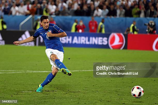Matteo Darmian of Italy misses during the penalty shoot out following the UEFA Euro 2016 Quarter Final match between Germany and Italy at Nouveau...