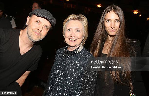 Metallica's Lars Ulrich, Hillary Clinton and Jessica Miller pose backstage at the hit musical "Hamilton" on Broadway at The Richard Rogers Theatre on...