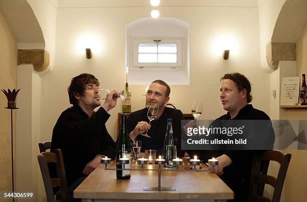 Deutschland, Sachsen, Gaststaette "Hofloessnitz" in Radebeul, drei Männer trinken Weisswein-