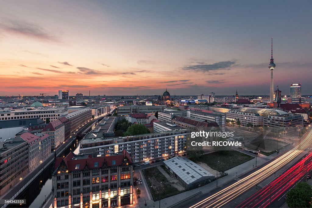 Berlin cityscape at sunset